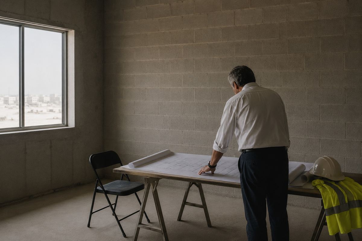A single reviewer working through drawings on a table in an unfinished unit