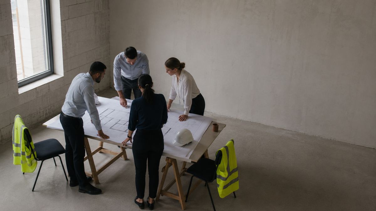 A small team working over drawings on site